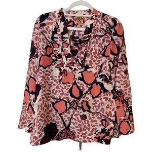 TORY BURCH 100% Silk Rose Leopard Floral Tunic Blouse | 4